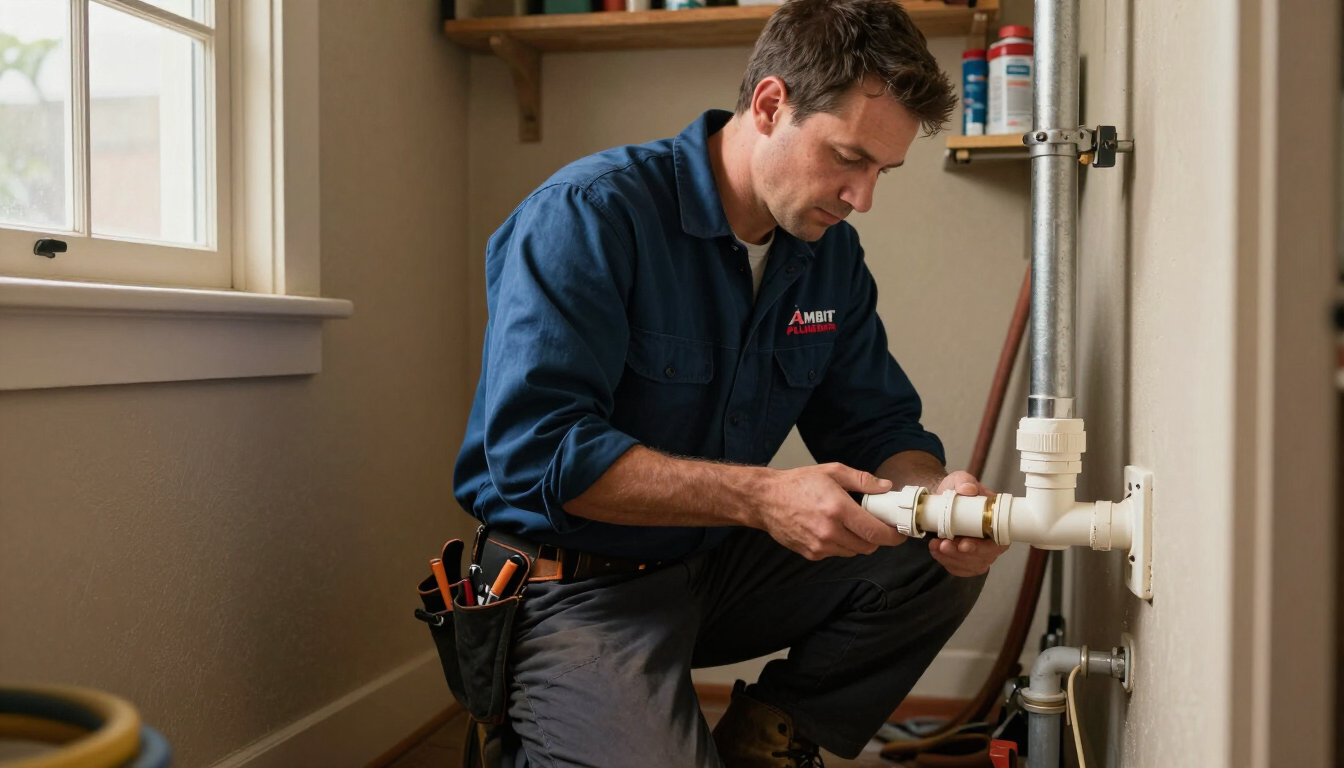 Plumber kneeling beside white pipes, tightening a fitting in a bathroom wall. Plumber kneeling beside white pipes, tightening a fitting in a bathroom wall.