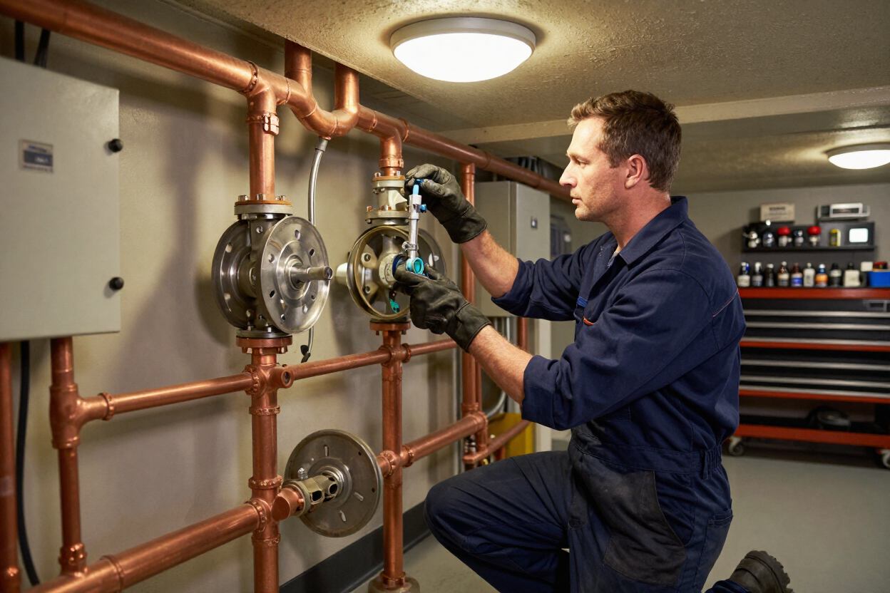 Licensed plumber inspecting supply lines in a commercial mechanical room