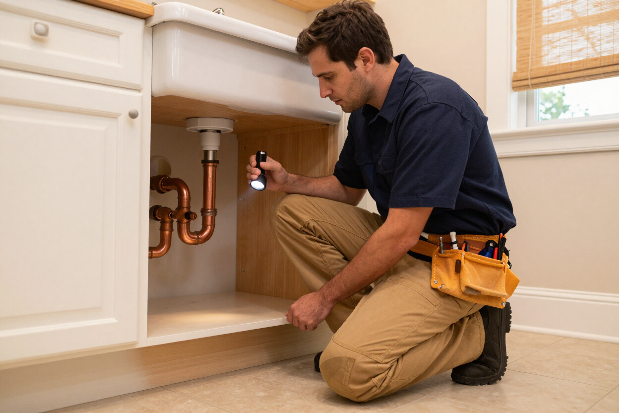 Plumber beneath a sink cabinet inspecting a pipe joint in a Clayton NC home