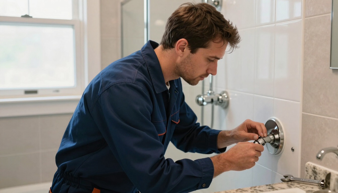 Person in blue work shirt repairs a bathroom faucet with a wrench Person in blue work shirt repairs a bathroom faucet with a wrench