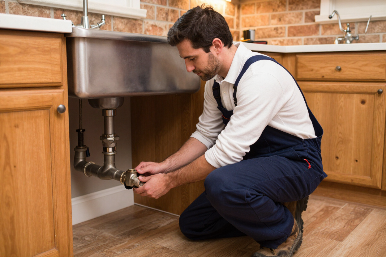 Licensed plumber inspecting pipe connections under a kitchen sink in a Clayton, NC home