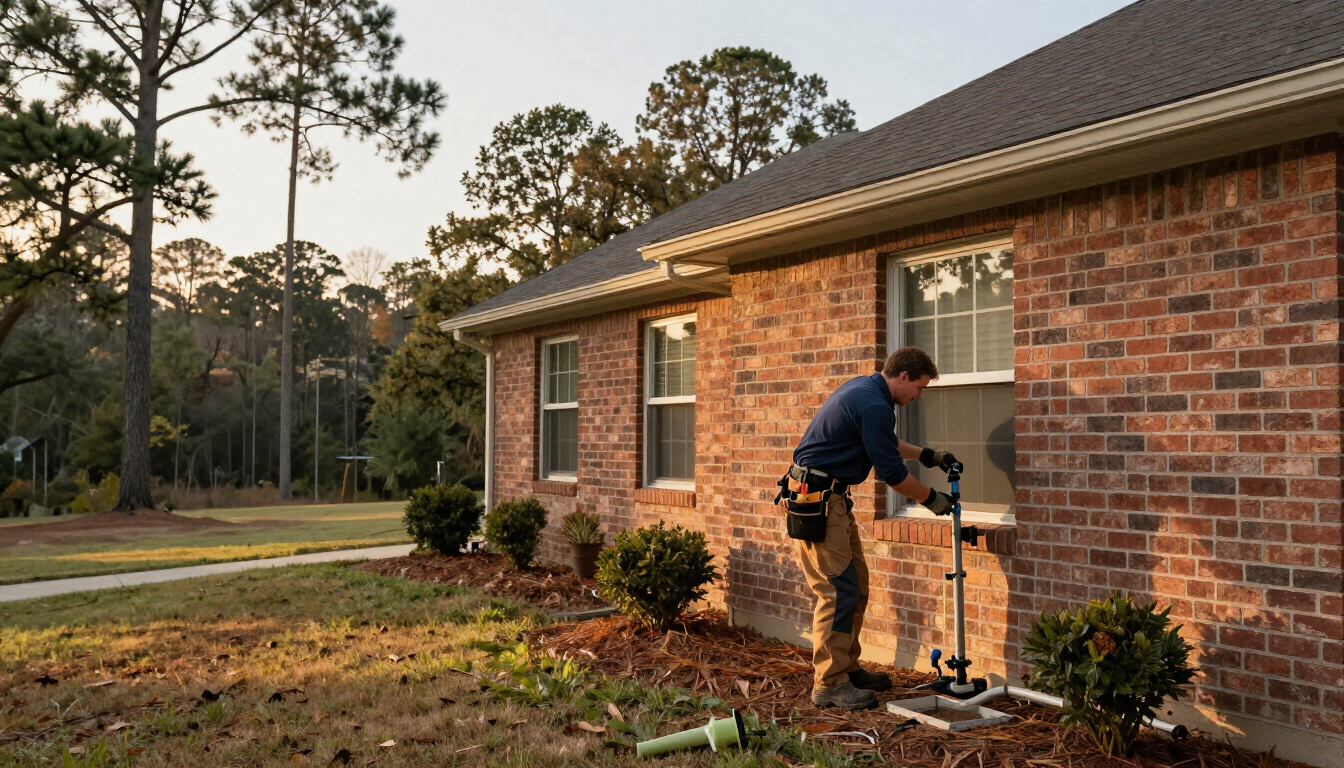 Worker repairing a brick house exterior near a window, with tools and plants in the yard Worker repairing a brick house exterior near a window, with tools and plants in the yard