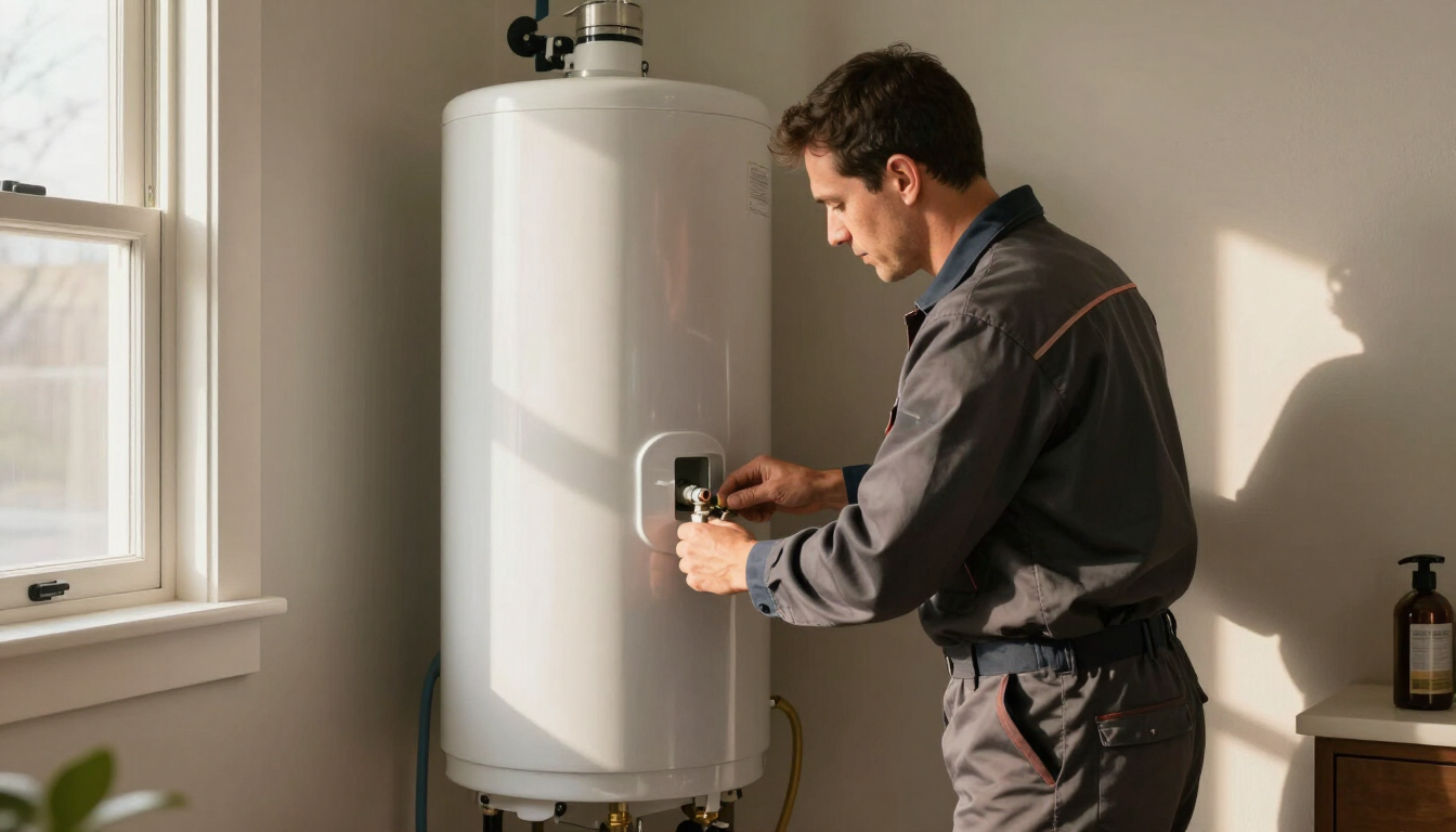 Technician adjusting a white water heater in a bright utility room Technician adjusting a white water heater in a bright utility room