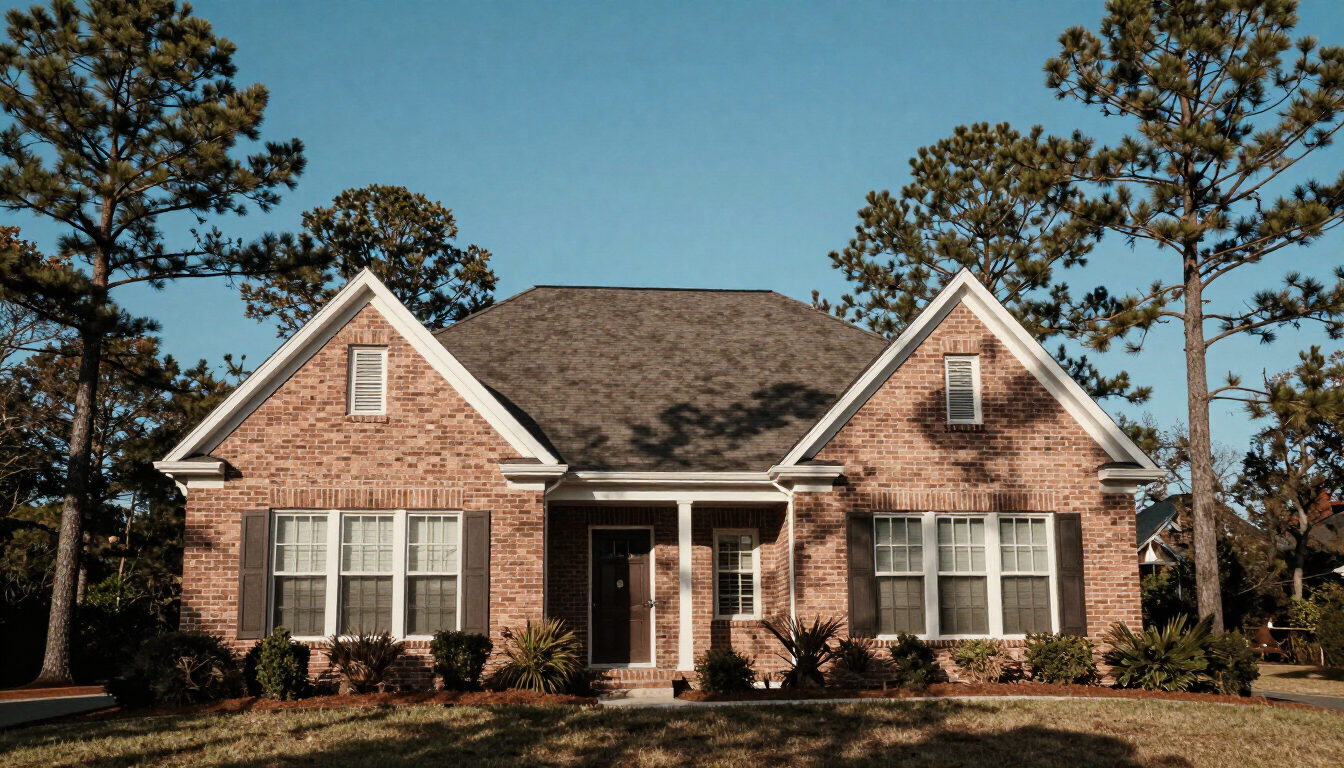 Brick suburban house with a front porch, white trim, and tall pine trees in the yard Brick suburban house with a front porch, white trim, and tall pine trees in the yard