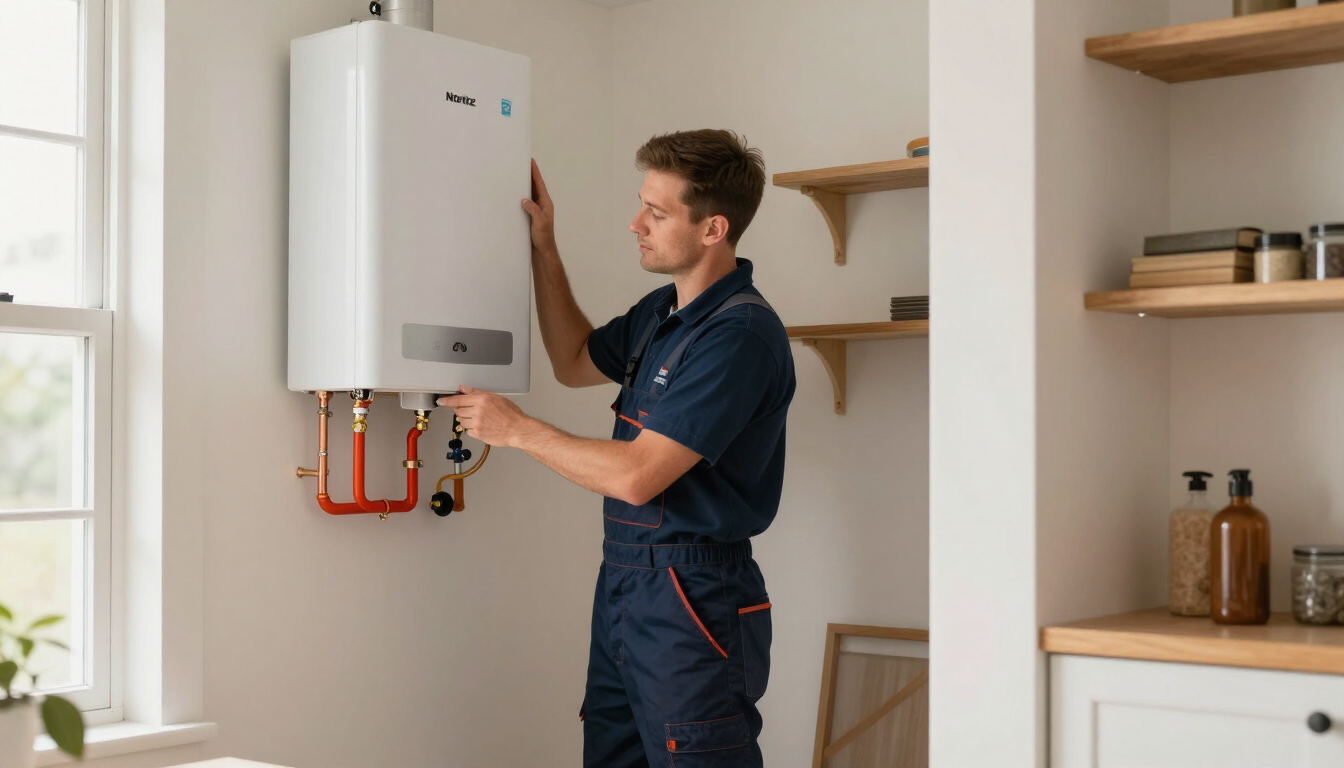 Technician inspecting a white wall-mounted boiler in a modern kitchen, with open shelves nearby. Technician inspecting a white wall-mounted boiler in a modern kitchen, with open shelves nearby.