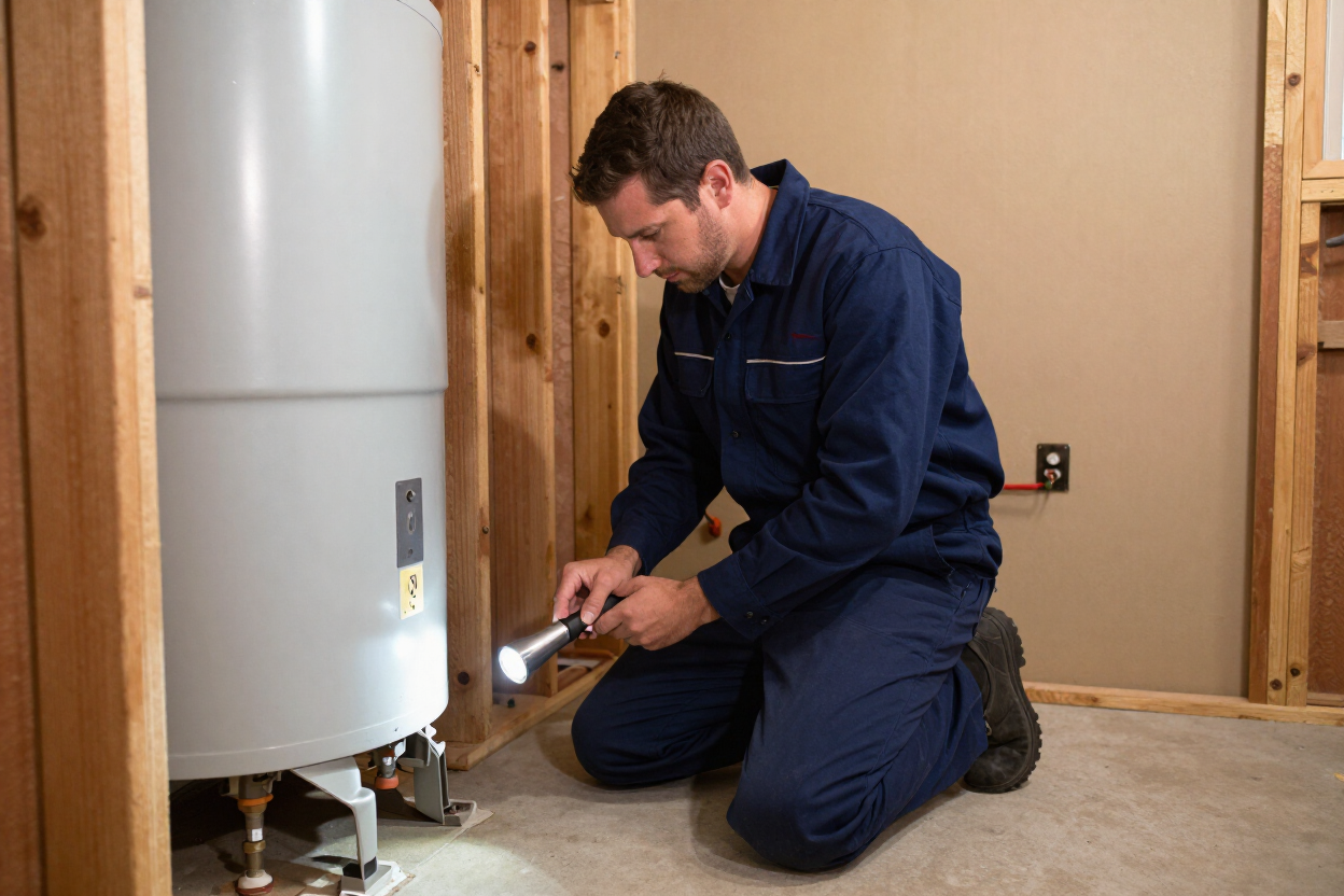 Technician kneeling beside a water heater, inspecting a valve with a flashlight in a utility room. Technician kneeling beside a water heater, inspecting a valve with a flashlight in a utility room.