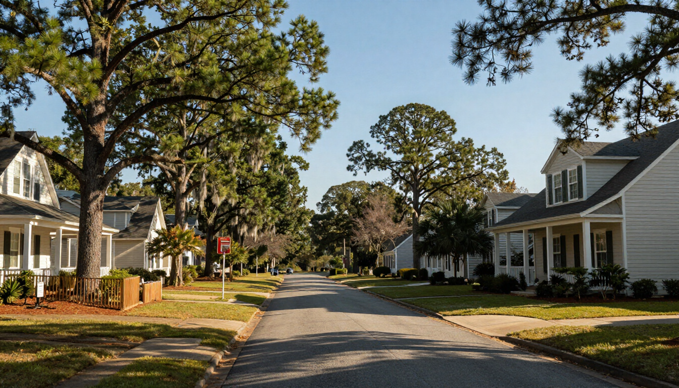 Quiet suburban street lined with large trees and white houses on a sunny day Quiet suburban street lined with large trees and white houses on a sunny day