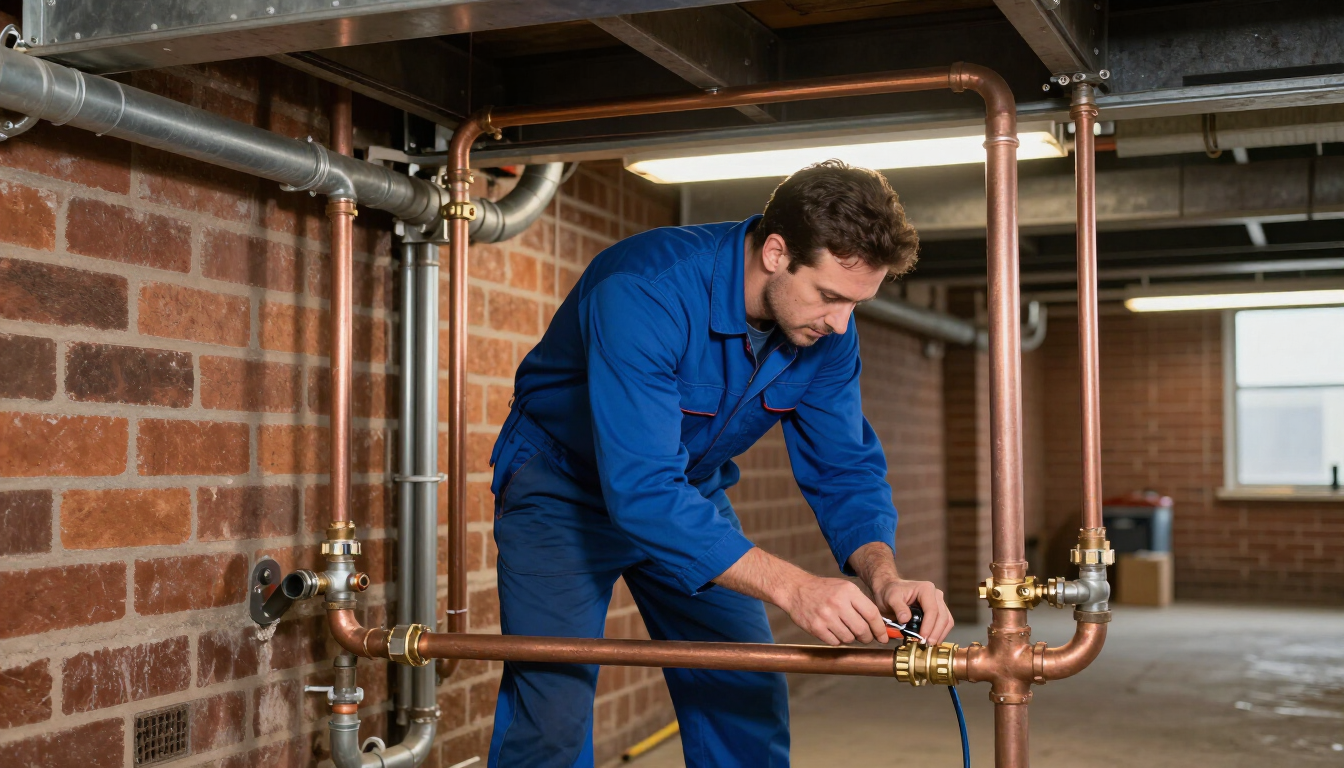 Plumber in blue coveralls repairs copper pipes under a brick basement ceiling. Plumber in blue coveralls repairs copper pipes under a brick basement ceiling.
