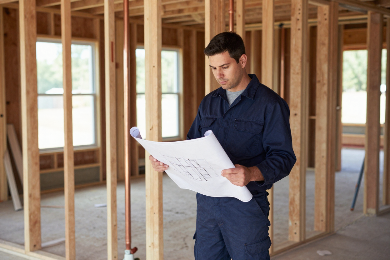 Man in blue coveralls reviewing blueprints inside a framed house under construction Man in blue coveralls reviewing blueprints inside a framed house under construction