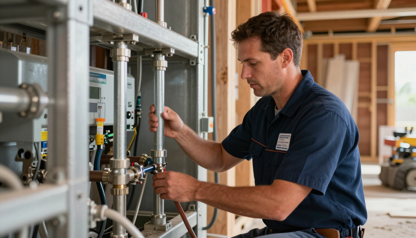 Technician adjusting industrial piping and valves in a utility room under construction Technician adjusting industrial piping and valves in a utility room under construction