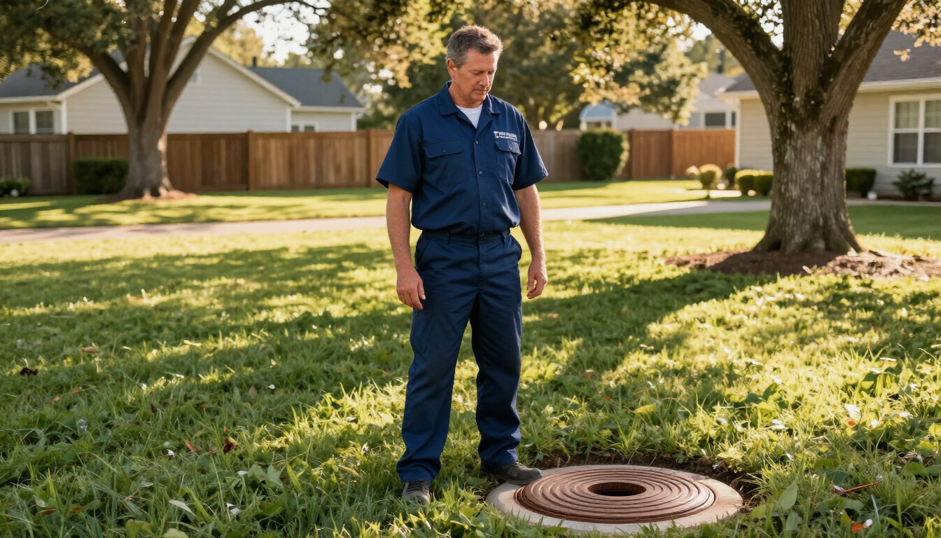 Man standing on a grassy lawn beside a round manhole cover in a sunny suburban yard Man standing on a grassy lawn beside a round manhole cover in a sunny suburban yard