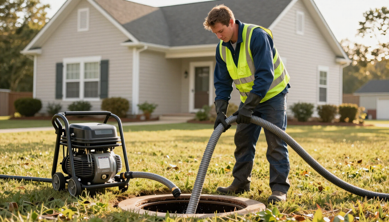 Worker in a reflective vest uses a hose near an open manhole in a suburban yard Worker in a reflective vest uses a hose near an open manhole in a suburban yard