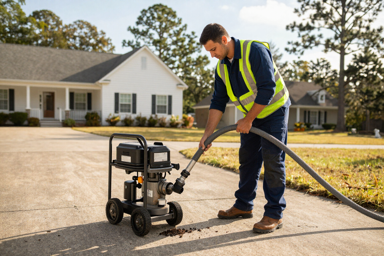 Worker using a pressure washer on a driveway in a suburban neighborhood Worker using a pressure washer on a driveway in a suburban neighborhood