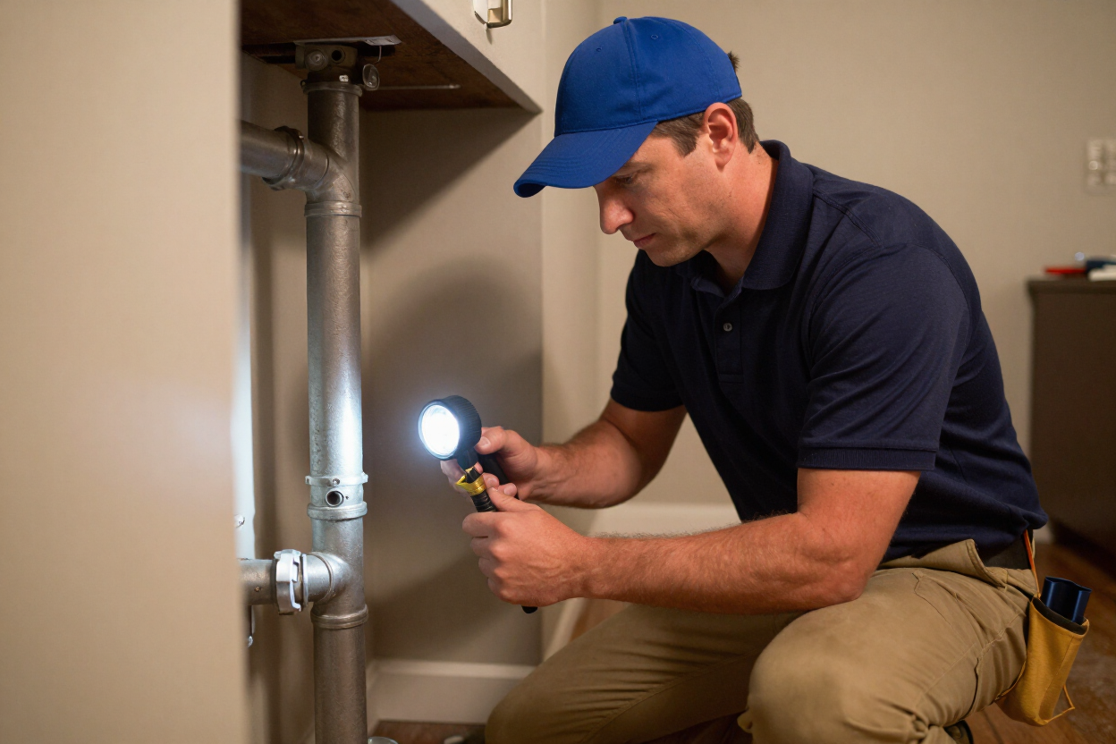Technician inspecting plumbing under a sink with a flashlight Technician inspecting plumbing under a sink with a flashlight