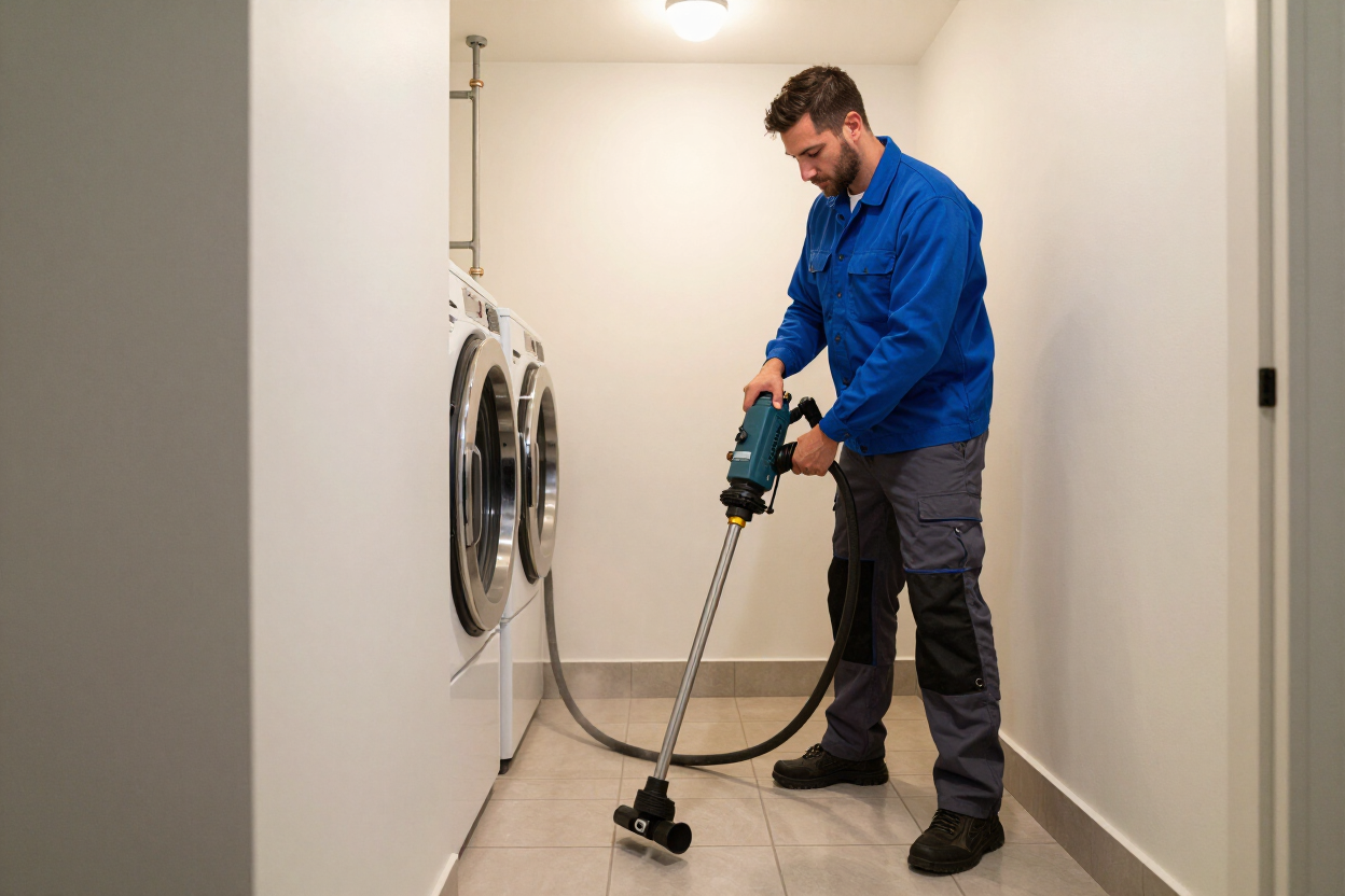 Man vacuuming laundry room floor beside stacked washer and dryer Man vacuuming laundry room floor beside stacked washer and dryer