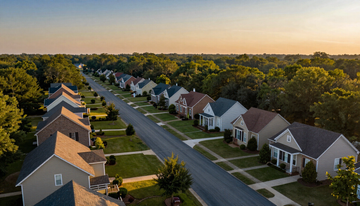 Aerial view of a suburban neighborhood with rows of houses along a tree-lined street at sunset