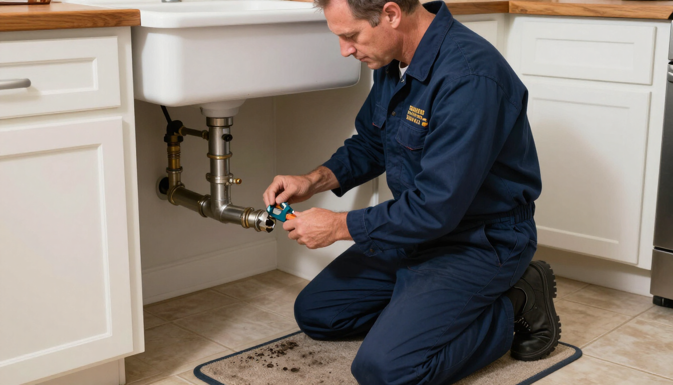 Plumber kneeling under kitchen sink, tightening a pipe with a wrench. Plumber kneeling under kitchen sink, tightening a pipe with a wrench.