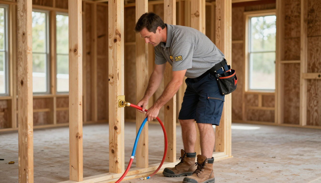 Worker installing plumbing in a wooden-framed house interior with red and blue hoses. Worker installing plumbing in a wooden-framed house interior with red and blue hoses.