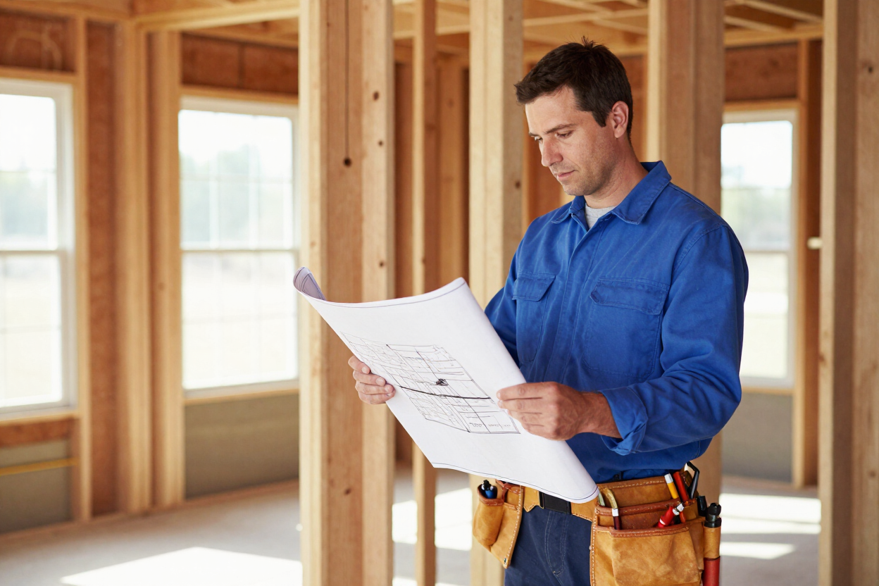 Licensed plumber reviewing blueprints in a new construction home frame