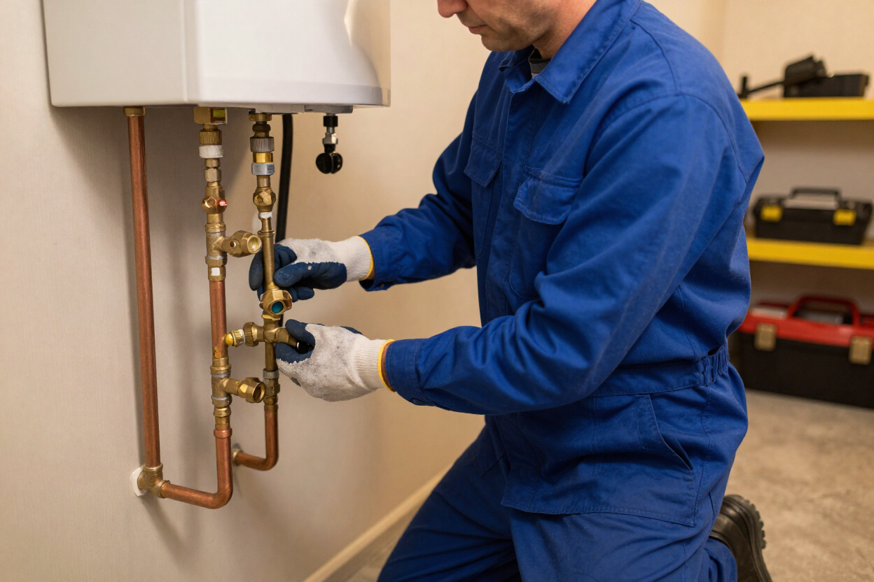 Licensed plumber connecting a residential water heater in a utility room