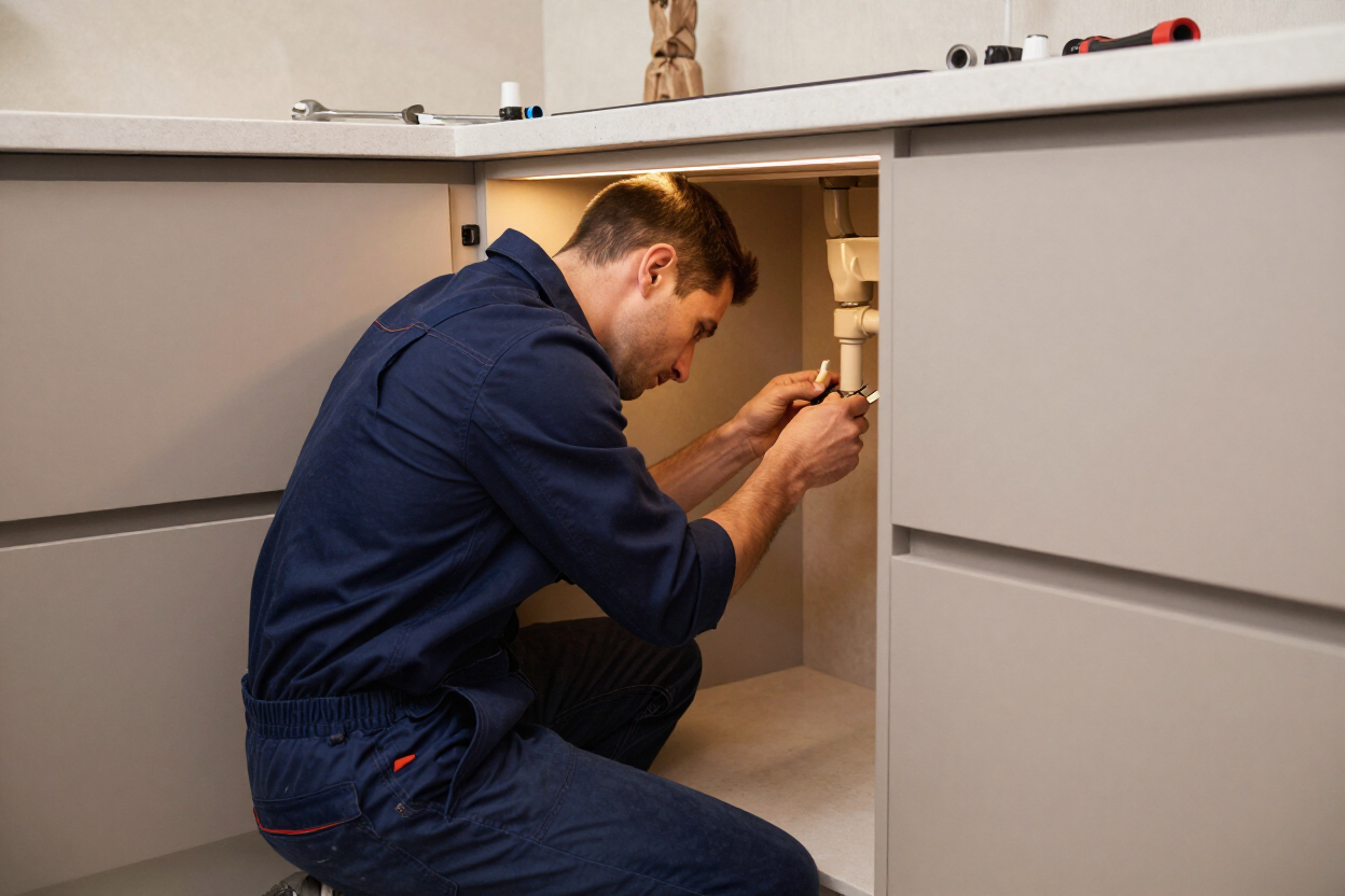 Plumber working under a kitchen counter during a renovation