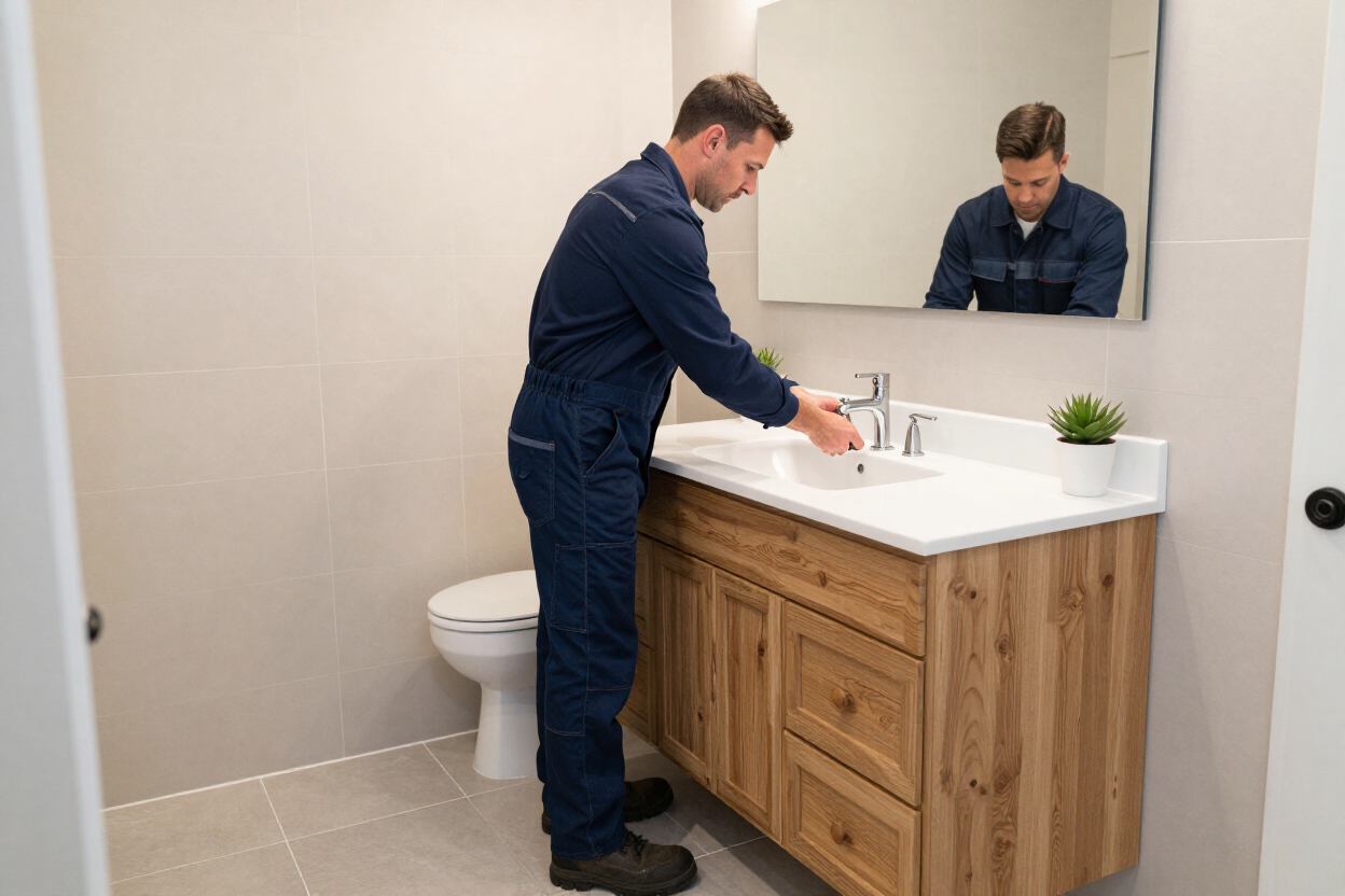 Plumber installing a bathroom faucet in a finished residential bathroom