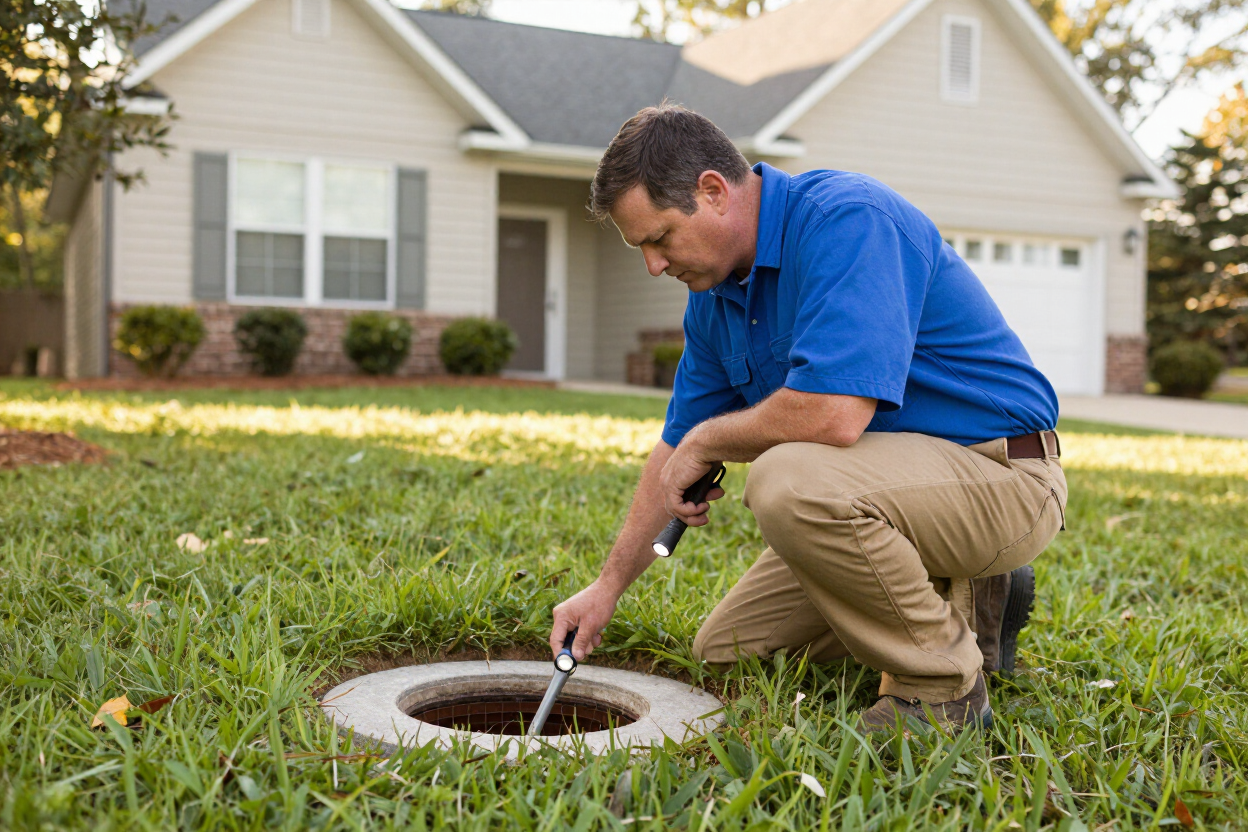 Plumber inspecting a sewer cleanout access point at a residential property