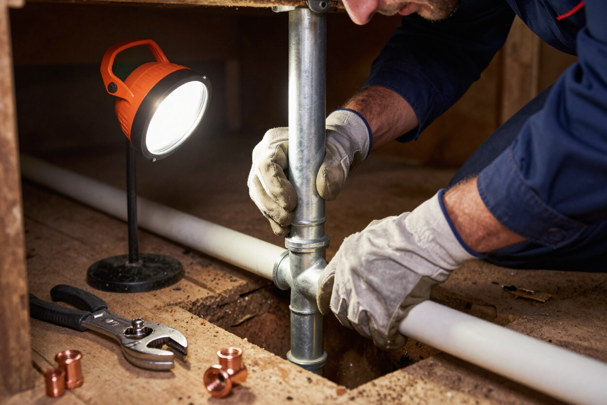 Plumber replacing galvanised pipe with PEX in a crawl space