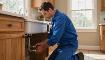Plumber in blue overalls repairs pipes under a bathroom sink in a bright home bathroom.
