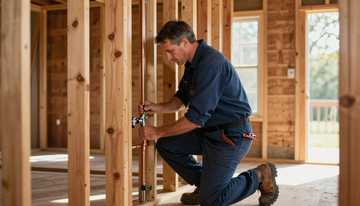 Worker kneeling to install wiring in a wooden house frame under construction
