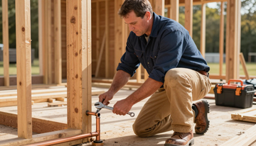 Man kneels on a wooden floor, using a clamp at a house framing construction site.