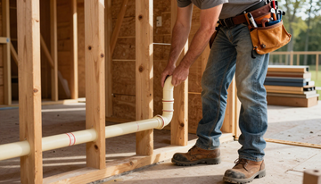 Construction worker installing white pipes in a wood-framed building under construction