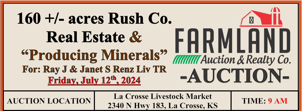 A sign for farmland real estate and producing minerals auction A sign for farmland real estate and producing minerals auction