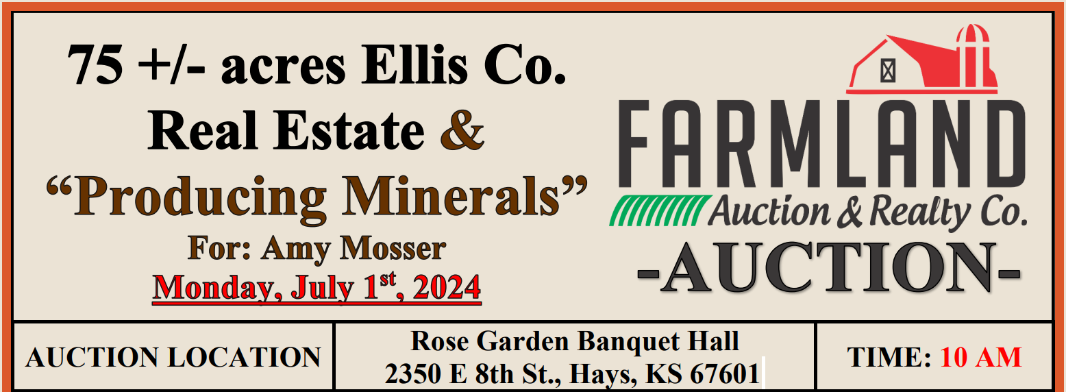 An advertisement for farmland real estate and producing minerals An advertisement for farmland real estate and producing minerals