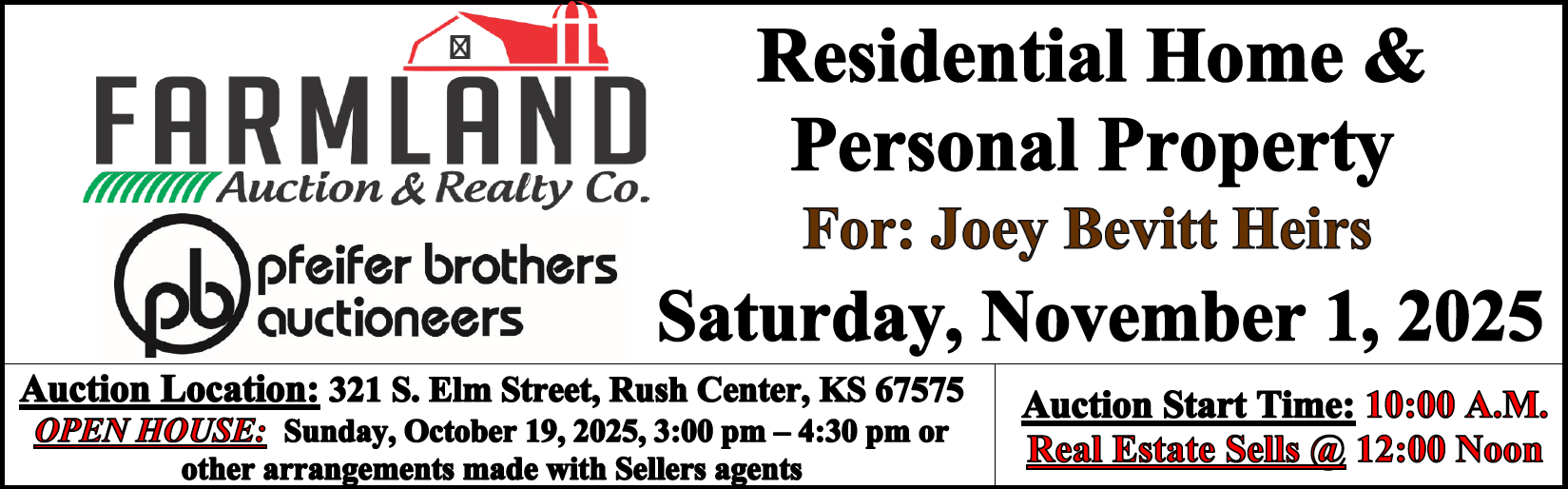 An advertisement for farmland auction and realty co. A sign that says auction for the francis mary ann and duane legleiter estates