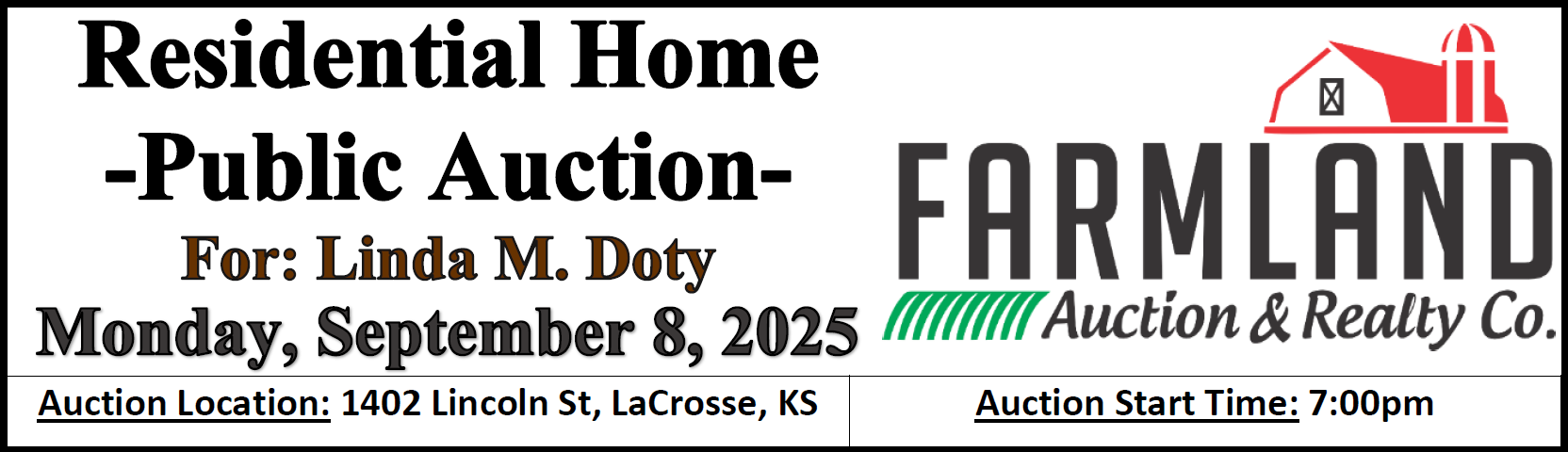 An advertisement for farmland auction and realty co. A sign that says auction for the francis mary ann and duane legleiter estates