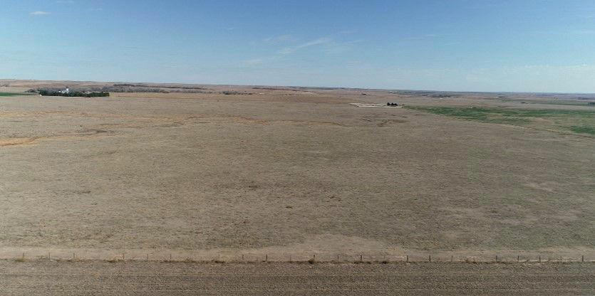 An aerial view of a dry grassy field with a blue sky in the background.
