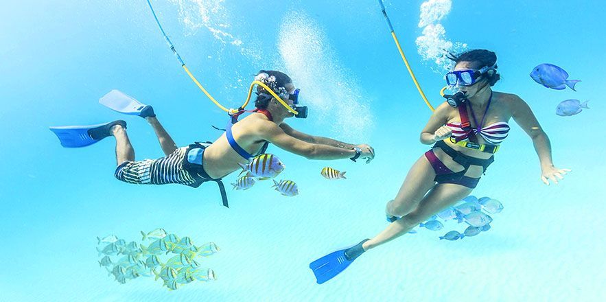 Un hombre y una mujer nadan bajo el agua en el océano.