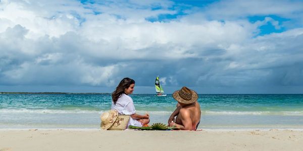 Un hombre y una mujer caminan por una playa con palmeras.