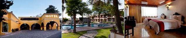 Un collage de tres fotografías de una habitación de hotel, una piscina y una casa.