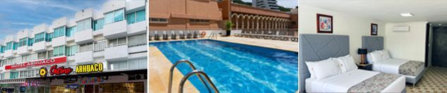Un hotel con piscina y una habitación de hotel con piscina.