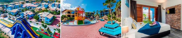 Un collage de tres fotografías de un parque acuático, una playa y una habitación de hotel.