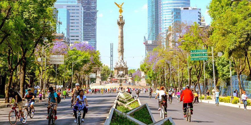 Un grupo de personas anda en bicicleta por una calle de la ciudad.