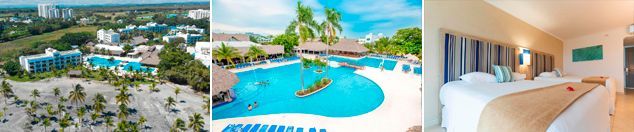 Un collage de tres fotografías de un hotel, una piscina y un dormitorio.
