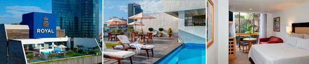Un collage de tres fotografías de un hotel que incluye una piscina y un dormitorio.