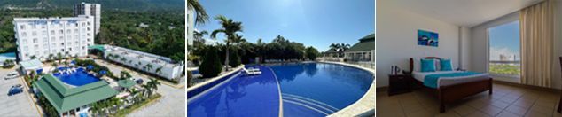 Un collage de tres fotografías de un hotel, una piscina y un dormitorio.