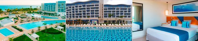 Una imagen borrosa de un edificio con piscina y un dormitorio.