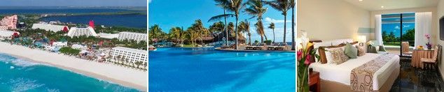 Un collage de tres fotografías de una playa, una piscina y una habitación de hotel.