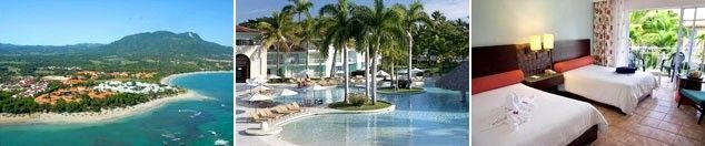 Un collage de tres fotografías de un hotel que incluye una piscina y un dormitorio.