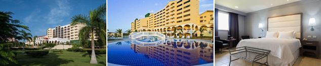 Un collage de tres fotografías muestra un edificio, una playa y una habitación de hotel.